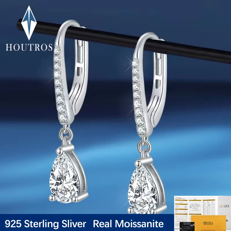 Houtros Обеци с муассанитом крушовидна кройка 5*8 мм за жени от 925 сребро, обици от искрящи диаманти, вечерни изискани бижута
