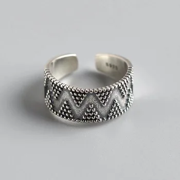 Нова сребърна Индийски ретро украшение, Широко пръстен в етнически стил, Геометрични Ретро Регулируема Ins Женски