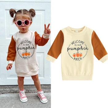Есен детско облекло за Хелоуин за момичета от 6 до 4 години с писмото принтом под формата на тиква, пуловери в контрастен цвят, блузи, рокли за малки момичета