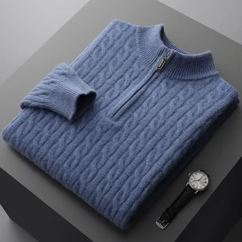 Мъжки монофонични вязаный вълнен пуловер от 100% мериносова вълна, с кръгло деколте, бизнес всекидневен свободен есенно-зимния нова топ.