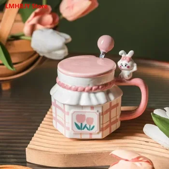 LMHBJY High Beauty Rabbit Couple Керамична чаша във формата на лале, сладък подарък за ръце, подарък за рожден ден, чаша за вода във формата на сърце за момичета