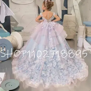 Синя рокля с цветя модел за момичета, детски сватбена рокля с аппликацией, рокля с влак за рожден Ден на принцеса Елегантна хубава рокля за бебето
