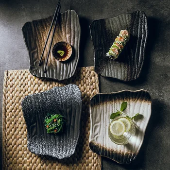 1БР 10-инчов креативна керамична чиния за суши в японски стил с неправилна форма-плоска чиния Черна чиния за закуска Домашно ястие чиния за закуски