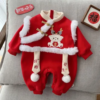 Първият ми коледен гащеризон за момиче от червено руно, утепленная топли зимни дрехи за новородени, гащеризон за момче на китайската Нова година