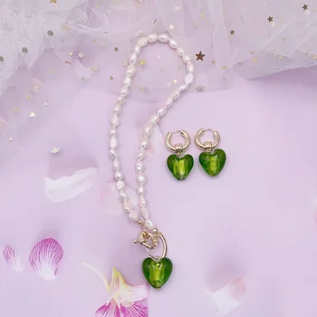 Колие от сладководни перли, Minar, расшитое мъниста, за жени, Прозрачни колиета с висулки във формата на стъклени сърца зелен цвят, за всеки ден, Сватбени декорации