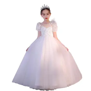 Елегантна бяла рокля на цветчета за момичетата на сватба, кръщение, тюлевые детски официални рокли за Св. Причастие, рокли за церемонията шаферки