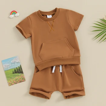 Летни дрехи за малки момчета, однотонная тениска с къс ръкав и кръгло деколте, къси панталони, сладък украшение за новородени