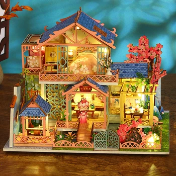 Нови Diy Дървени Куклени Къщи Peach Blossom Attic Casa Миниатюрни Строителни Комплекти С Мебели С Led Подсветка Куклена Къща За Момичета Подаръци