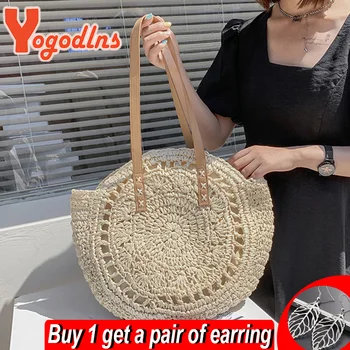Лятна кръгла сламена чанта Yogodlns за жени, куха тканая пътна плажна чанта, чанта през рамо с голям капацитет, ежедневна чанта за пазаруване, чанта-тоут