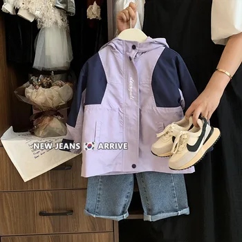 Палта за момичета, есента 2023, Нова Корейска детска контрастная ветровка с качулка, детски яке, блуза за момичета