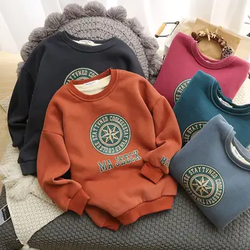 Пуловер с руното облицовка за момчета 2022, Зимна детска тънка риза с кръгло деколте, пуловер за отдих, топла руното риза