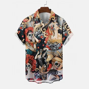 Висококачествена мъжка риза-жилетка с ревера на Светия Skeleton Street, свободни тениски с къс ръкав, тениски големи размери за мъже 5XL Лято