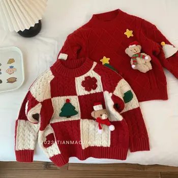 Корейски Есенно-Зимния Нов Детски пуловер за момичета, червен пуловер с кръгло деколте, Коледен Шарени Плюшено мече, топ за малки момичета, Детски пуловер за момичета