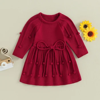 Коледна дрехи за малките момичета, от 1 до 6 години, Рокля-пуловер, Однотонное Трикотажное рокля с кръгло деколте и дълги ръкави, Есенно-Зимно Детско рокля