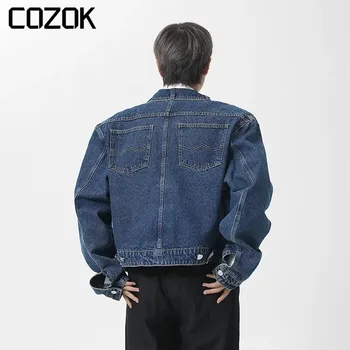 Корейската мода къси деним яке За мъже, случайни дизайн със свободен джоб, Пролетта однобортное Мъжко палто с отложным яка 2023 г.