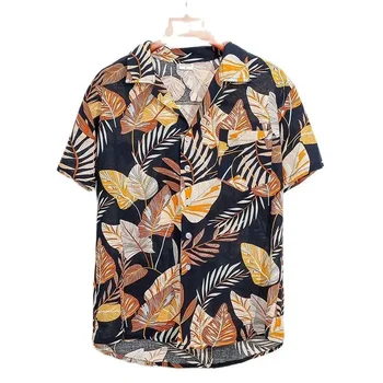 Нов моден тренд на външната търговия на мъжки ризи от дишащ лен с къси ръкави, хавайски плаж принт, ежедневни мъжки ризи в британски стил