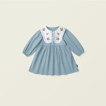 Корейското пролетта и есента рокля с дълъг ръкав в синьо, Нова реколта детски дрехи, Пълномаслено Елегантна рокля за момичета от 3 до 8 години