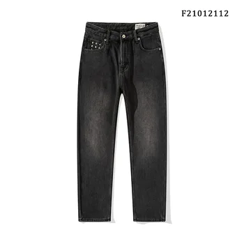 Мъжки дънкови панталони, есенно-зимни нови плътни кадифени панталони с еластична бродерия, преки свободни мъжки черни дънки с микроконусом
