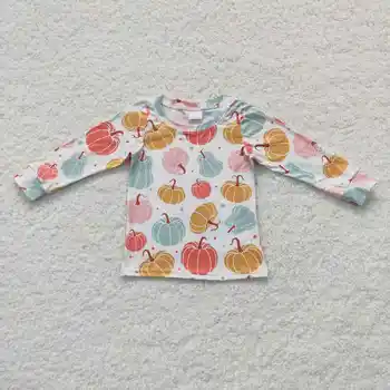 Нов прием на едро на детски дрехи с кръгло деколте и дълги ръкави, есенни тениски за малки момичета, върхове формата на тиква