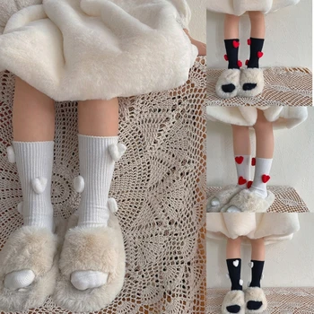 Топли детски зимни плюшени чорапи със сърца, чорапи до средата на прасците, меки и топли бебешки чорапи