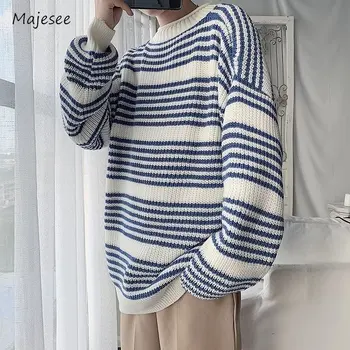 Crochet пуловери Мъжки райе Свободни С дълъг ръкав Удобни В Гонконгском Ретро стил, Модни Универсални Двойки С припокриване Колеж Прост