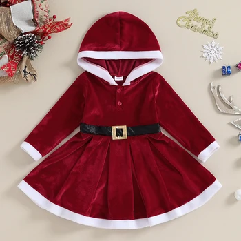 Коледна рокля с качулка за малки момичета, рокля с дълъг ръкав рокля с трапецовидна форма в стил мозайка за коледно парти, червен облекло