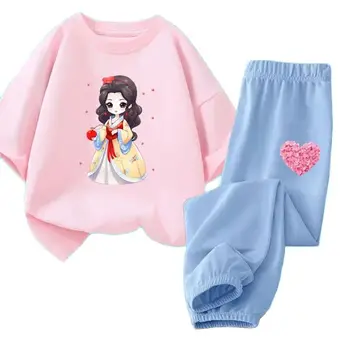 Летни комплекти дрехи за момичета 2024, детска тениска принцеса с къс ръкав + дълги панталони, спортни дрехи, модни тоалети от 2 теми