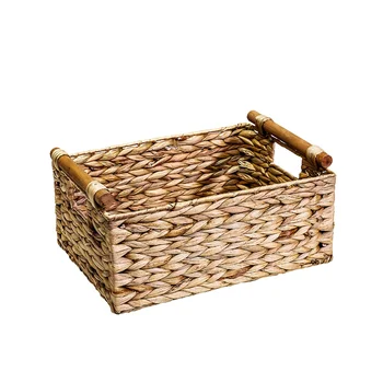 Кошница от ракита с правоъгълна форма, с дървени дръжки за рафтове, кош за съхранение на воден зюмбюл, Натурални кошница за организацията