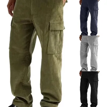 мъжки вельветовые всекидневни спортни панталони-карго с директни штанинами и големи джобове ежедневни панталони мъжки