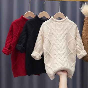 Зимни дрехи за момичета, Дълъг пуловер пуловер в западен стил, Детски Корейски трикотаж, Детски есенни обикновена Основни плетени блузи