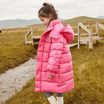 Нова тийнейджърката ярката зимна горна дреха с памучна подплата, детски дебел пуховик средна дължина, ветрозащитное топло палто с качулка за момичета, топ