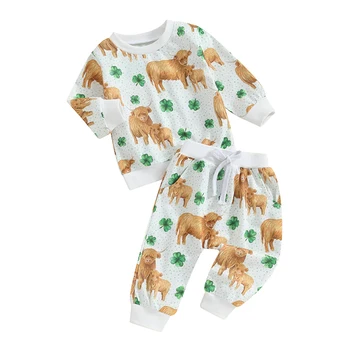 Облекло за бебета и малки момичета в Деня на Св. Патрик Hoody за едър рогат добитък с дълъг ръкав, Панталони с четырехлистным детелина 2 бр. комплект