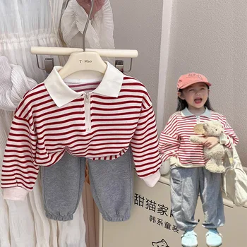 Корейски есенен комплект дрехи за момичета от 2 теми, памук райе пуловер с отложным яка, панталони за джогинг, екипировка за момичета, костюм за момиче