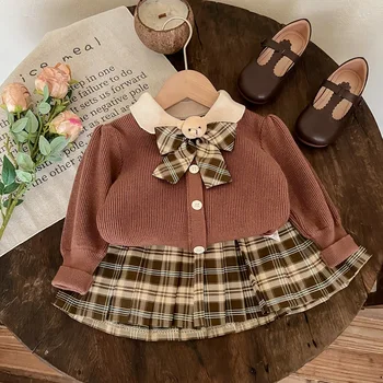 Сладък костюми на момичетата; сезон пролет-есен, Детски пуловер с дълги ръкави и лък; плисирана пола; комплекти от 2 теми