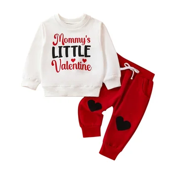 Есенно-зимни дрехи за новородени момчета и момичета, hoody с удоволствие букви, пуловери, блузи с нашивкой във формата на сърце, Червени панталони, комплект дрехи за Свети Валентин
