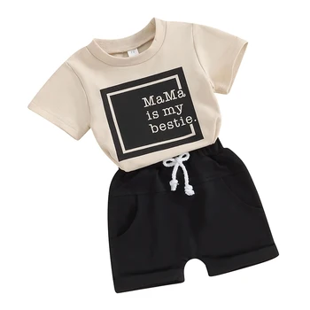 Комплект дрехи от 2 теми за малките момичета, тениска с къси ръкави и еластична къси панталони с писмото принтом, комплект летни дрехи