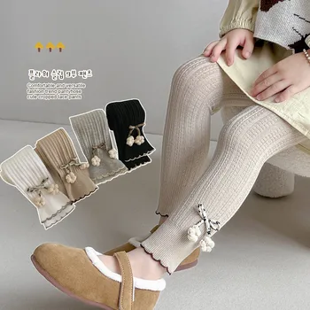 Пролетно-есенни чорапогащи в корейски стил за малки момичета, детски памучни чорапи с цветен модел, дантелени скъсяване на панталони, Модни чорапогащи за деца