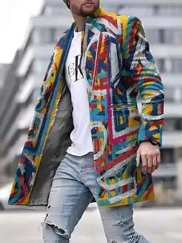 Ново улично мъжко палто с принтом Младежта вълнена куртка с висока яка със средна дължина, с джоб Ежедневно мъжко палто, Мъжки 2023
