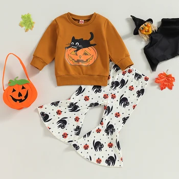 Дрехи за малките момичета за Хелоуин от 0 до 4 години, hoody с дълги ръкави и изгорени штанами с принтом черна котка под формата на тиква, комплект дрехи от 2 теми