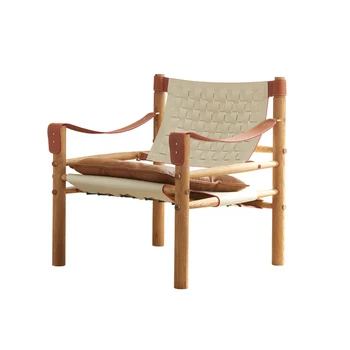 Скандинавски кожен диван за почивка на един човек е в стил ретро, кожен седло от масивно дърво, ловно стол с принтом
