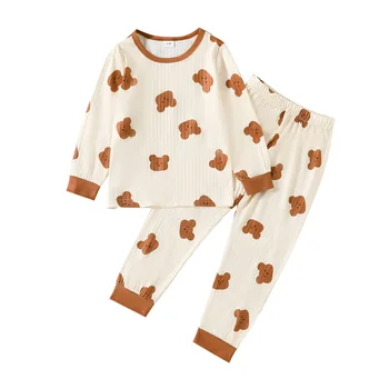 Комплект пижам за момчета и момичета с шарени мечка, облегающая бамбук памучен пижами, отгоре с дълги ръкави, панталони, 2 бр., детска пижама за почивка