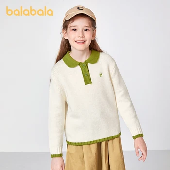 Детски пуловер Balabala за момичета, есенно-зимния пуловер с яка-поло в стил колеж, топло вязаный пуловер в контрастен цвят с дъното