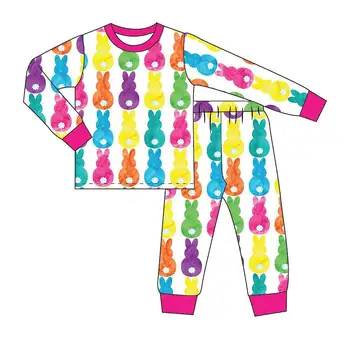 Пижама в стил Великден бутик с кръгло деколте, детски комплект, Панталони с изображение на заек, пижамный комплект за момичета и момчета