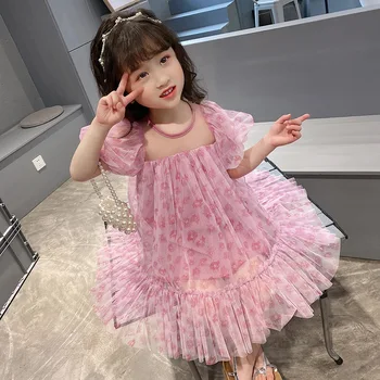 Розова рокля на принцеса за момичета, сетчатое рокля, долната пола на цветчета, детски рокли за момичета, рокли на цветчета, дрехи за момичета, детски дрехи