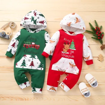 Комплект детски дрехи за бебета, Коледен костюм за проследяването стъпки пълзи с качулка, Зелено, червено, празничен костюм за деца, Памук гащеризон с дълги ръкави и принтом.