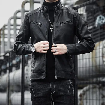 Есен нова мъжки ежедневни модерно яке от изкуствена кожа с яка-часова, однотонная кожено яке, за мъже мотоциклетът яке със защита от вятър S-4XL