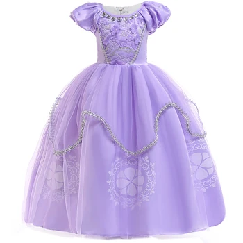 Лятна рокля на Софи за момичета, Детски представа рожден Ден на Принцеса Детски рокли за момичета Рокля от виолетов тюл с къс ръкав в цветенце