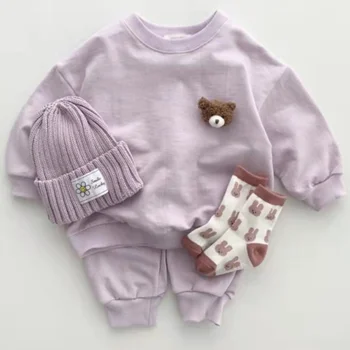 Облекло За бебета и малки деца, Просто случаен комплекта, Есенно-зимна Детска Обикновен Пуловер с кръгло деколте и панталони, Комплект от две части
