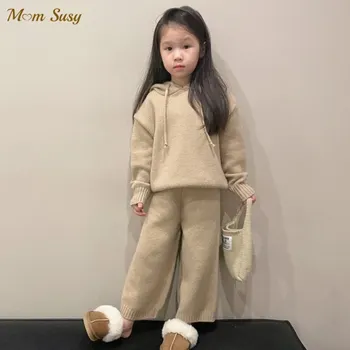 Модерен комплект вязаной дрехи за малките момичета и момчета, пуловер с качулка + панталони, 2 броя, трикотажная облекло за деца, дрехи за деца от 1 до 10 години