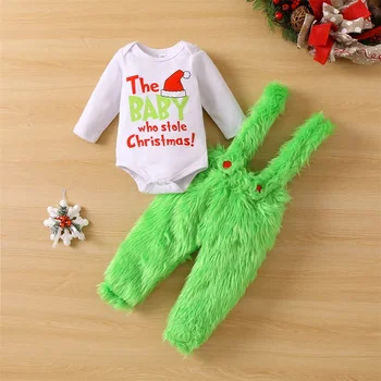 Коледен комплект костюми за бебета с писмото принтом, гащеризон с кръгло деколте и дълги ръкави + плюшени панталони на подтяжках от 2 теми дрехи, костюм